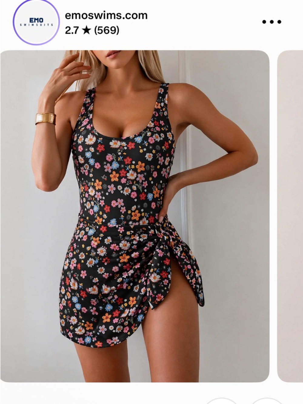 EmoSwims Black Floral Scoop One-Piece with Skirt Tie Large NWT